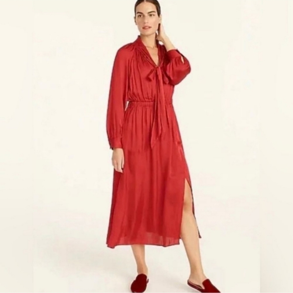 J Crew Featherweight Dress Long Sleeve Tie Neck Satin Midi Pockets NWT Size L